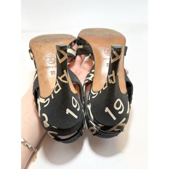 Chanel Slingback Heels Logo Printed Canvas Black & White Cross Sandals Sz 36 6 - Picture 10 of 11
